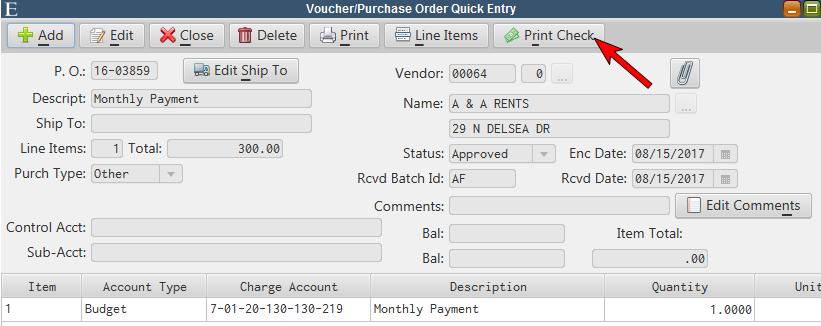 Quick Check An A/P check can now be printed directly from Voucher/Purchase Order Quick Entry.