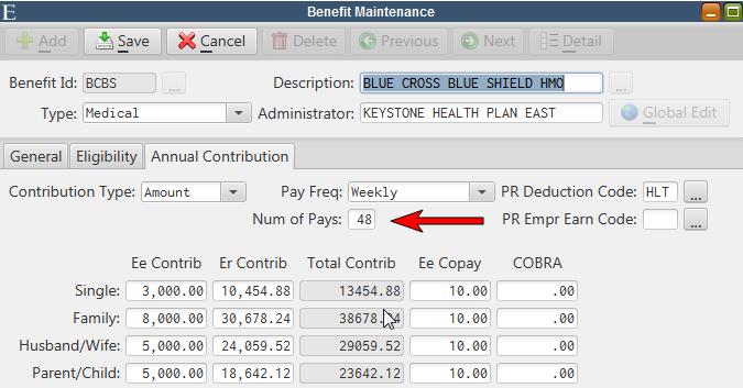 Benefit Maintenance - Pay Frequency Benefit Maintenance - Pay Frequency For payroll deduction purposes, a number of pays may now be specified in Benefit Maintenance for weekly