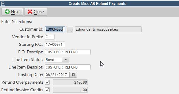 To run the routine, use the picklist to select the Customer Id of a customer with a credit balance.