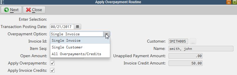 Apply Overpayments/Credits The Apply Overpayment Routine has been modified to handle the application of credits (created by canceling paid
