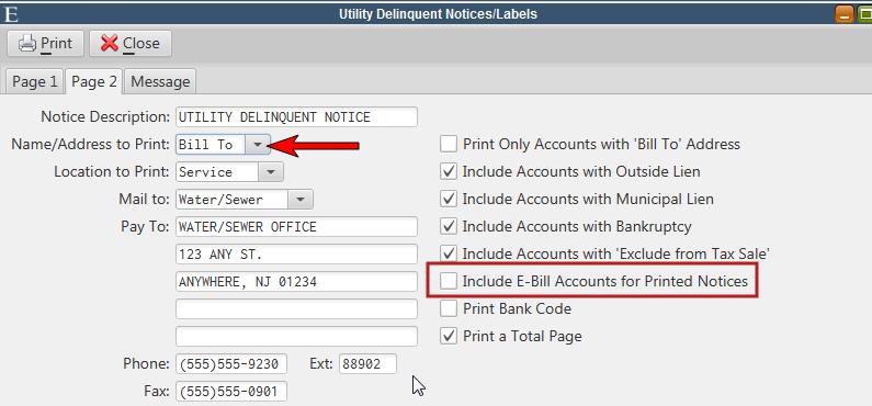 Include E-Bill Accounts for Printed Notices - This box is only applicable when printing