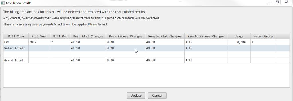 After editing usage or making other changes to an account with an incorrect bill, users can click the Recalculate Bill button on the General tab of Utility Account Maintenance.