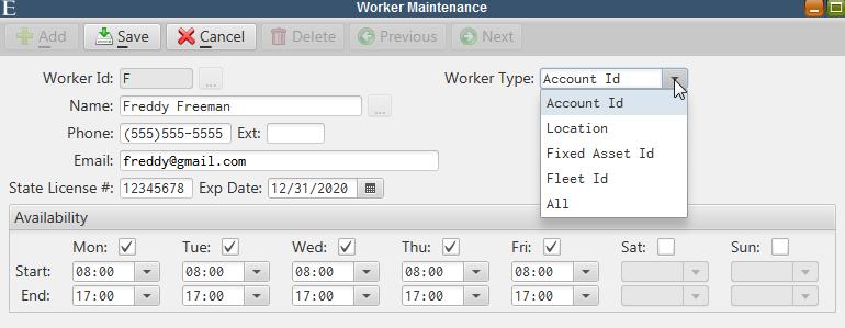 Worker Maintenance Worker Maintenance The Worker Maintenance stores names, default schedule availability and other miscellaneous information for employees who are assigned or referenced on work