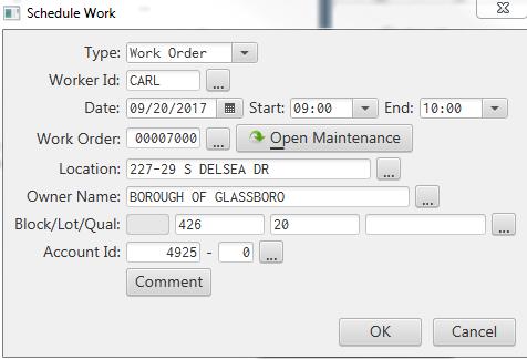 Select an existing work order. Optionally, the Open Maintenance button can be used to open the Work Order Maintenance screen for the selected work order.