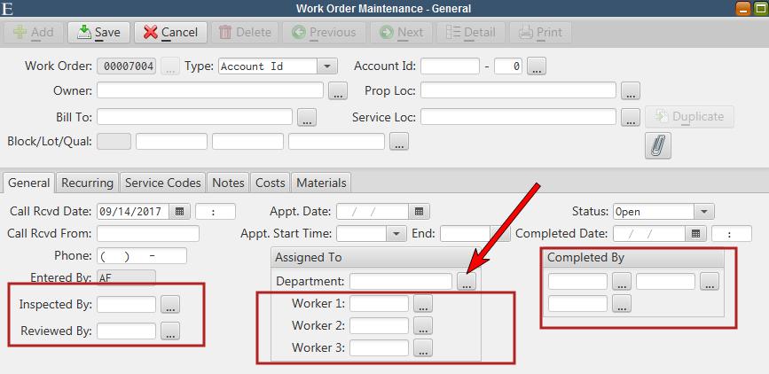 Work Order Maintenance - General Changes General Tab Work orders can now be assigned to a particular department and the Inspected, Reviewed, Assigned and Completed fields all require a valid Worker