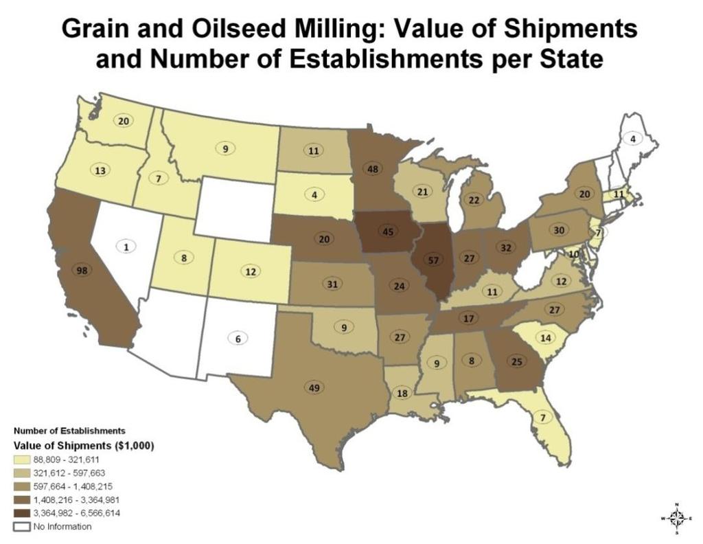 Figure 7. Grain and oilseed milling facilities, 2000 Source: Econ 02 Report Series, 2002, Economic Census, U.S. Census Bureau.