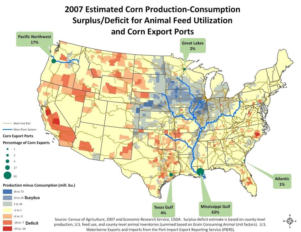 Figure 8: Corn surplus/deficit map with the transportation system Because of the projected trend in supply and demand, long-term transportation demand for corn exports can be expected to grow at a