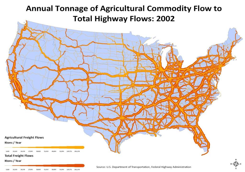 Figure 1. Agricultural and total freight moving on U.S. interstate system, 2002 Railroads Agricultural traffic competes with other freight along key rail corridors.