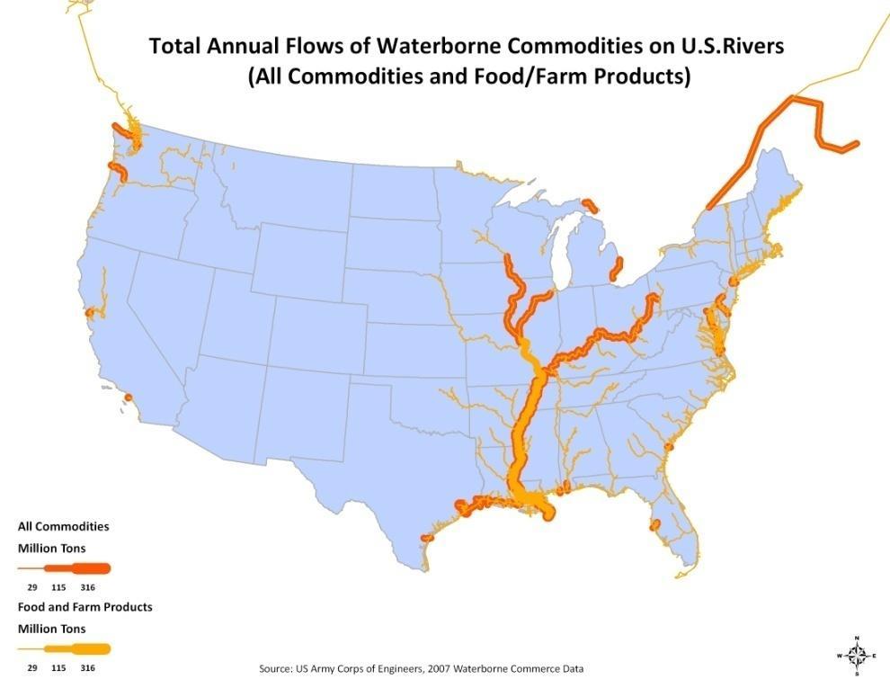 Figure 3. Agricultural and total freight moving on U.S. waterways Relative Modal Importance Every 5 years, the U.S. Census Bureau conducts the Commodity Flow Survey (CFS), which collects information about the value, tons, and ton-miles moved by the U.