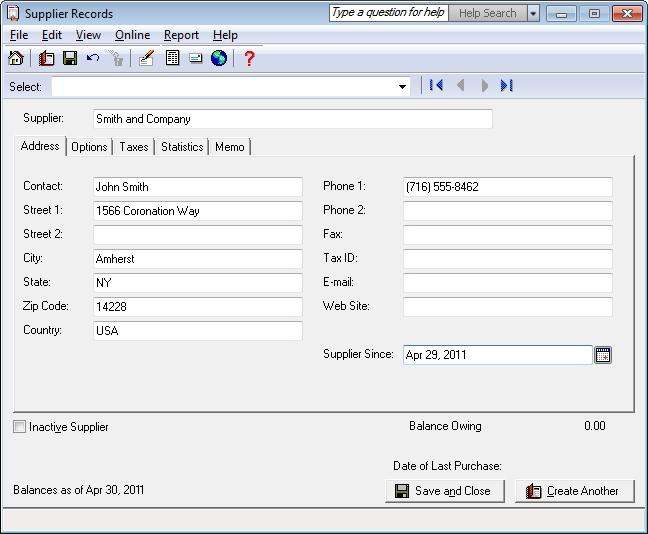 SETTING UP CUSTOMERS & SUPPLIERS Entering Supplier Information When you create a supplier record, all you need is a name.