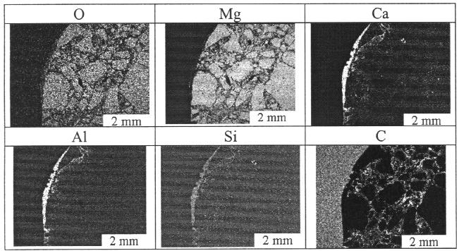 Figure 7. X-ray images of MgO-C refractory/slag interface after immersion in slag containing 8% MgO at 1873 K on 200 rpm, for 15 min Figure 8.