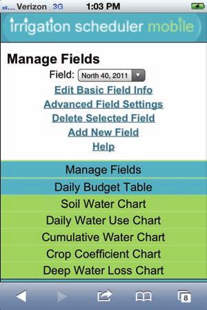 Figure 10. Manage Fields Screen Edit Basic Field Info: Based on your crop and soil selections defaults will be loaded in to populate the parameters in the "Advanced Field Settings".