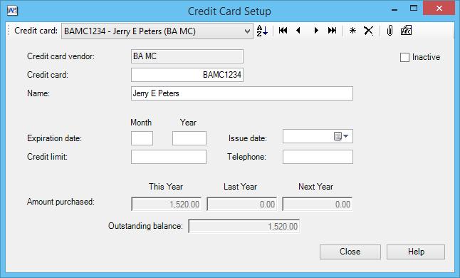 Credit Card Setup In AP, go to Setup-Credit Cards Click to see a list of credit cards (and associated vendor)