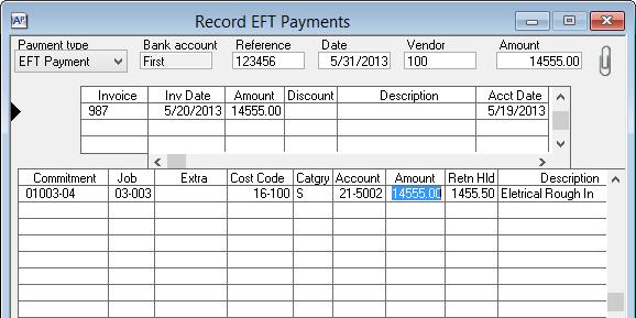Record a previously executed EFT payment In AP, go to Tasks-Record Manual/Print Quick Checks Select EFT Payment