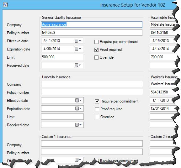 Vendor Insurance Setup In AP, go to Setup-Vendors-Insurance/Compliance tab Warning if entered and expired (based on system date) Warning if an invoice is coded to a commitment with a