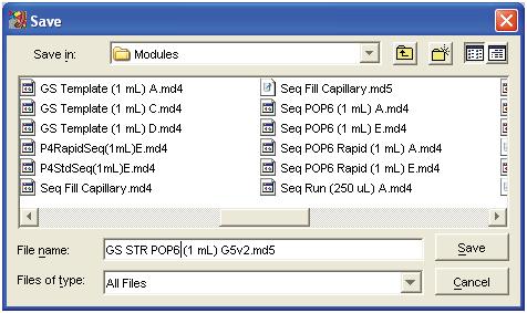 Save the new module in the Modules folder. Change the file name to GS STR POP6 (1mL) G5v2.md5, and select Save (Figure 14). 9105TA Figure 14. The Save screen. 7.