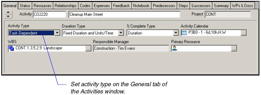 P3 to P6 Professional Migration Guide As shown below, you can set the activity type for an activity on the General tab of the Activities window using P6 Professional.