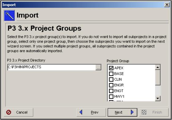 P3 to P6 Professional Migration Guide Note: The import wizard displays different screens and options when you import a single project group versus multiple project groups.