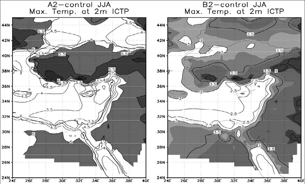 Temperature Predictions for Mediterranean Region A2- Control JJA B2- Control JJA Max.