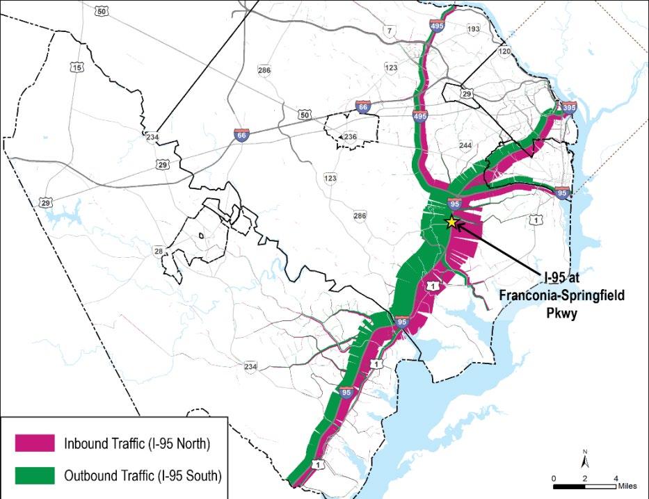 A select link analysis conducted on regional highway facilities within Northern Virginia, including I-66 and I-95, indicates travel patterns for vehicles passing through a selected location