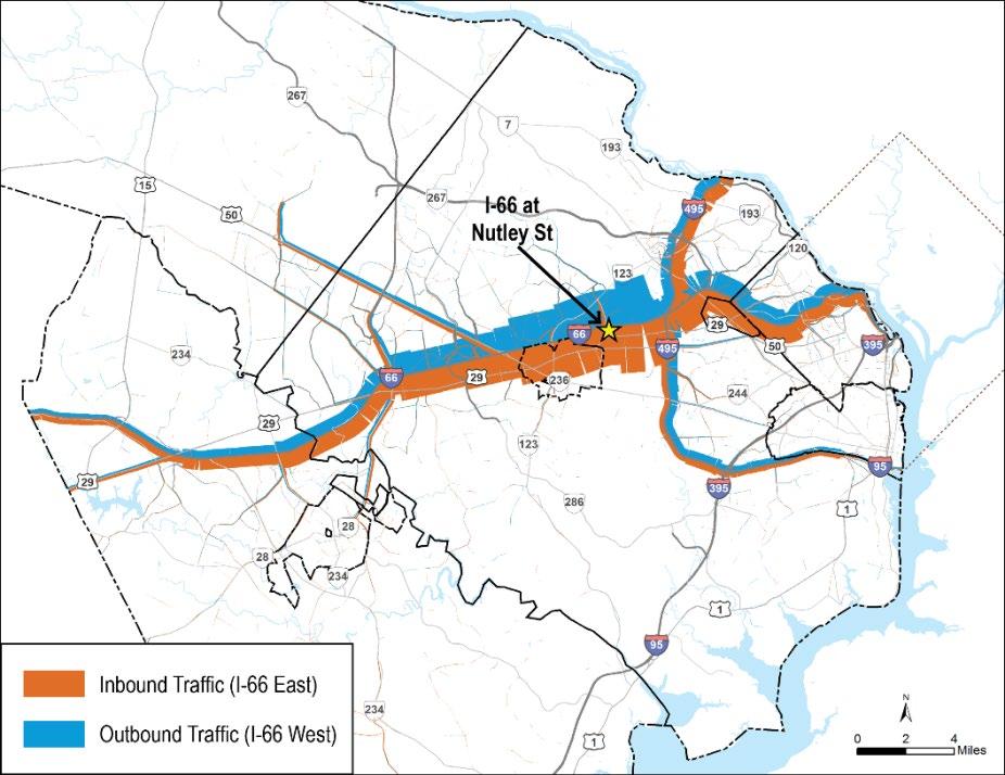 The thickness of the lines indicates the magnitude of trips using a particular facility that also traveled on the selected highway link just outside the Capital Beltway.
