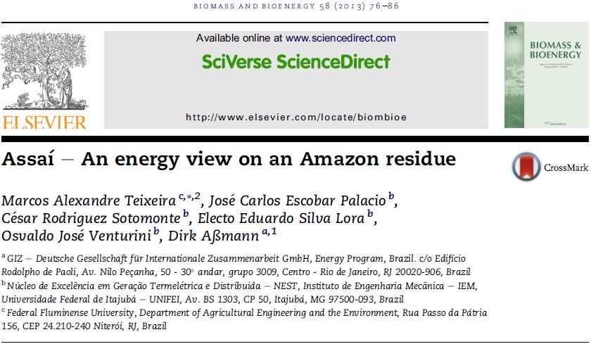 Main NEST Published Papers in Biomass Energy Conversion The paper analyzed the economic feasibility of electricity generation using the residues from the exploitation of Assaí.