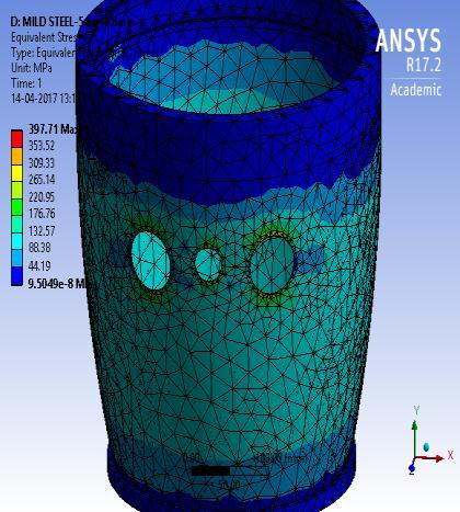 von Mises Stress for cylinder without bosses under 7.5 bar pressure is obtained and tabulated further.