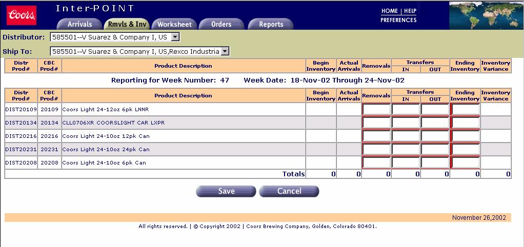 Removals and Inventory Removals and Inventory Page The Removals and Inventory page is used to report the previous week s removals and ending inventory.