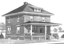 American Foursquare Style Square, boxy design, with symmetrical façade 2½ stories Detailing emphasizes horizontal lines Contrasting caps on porch and balcony railings Contrasting wood trim between