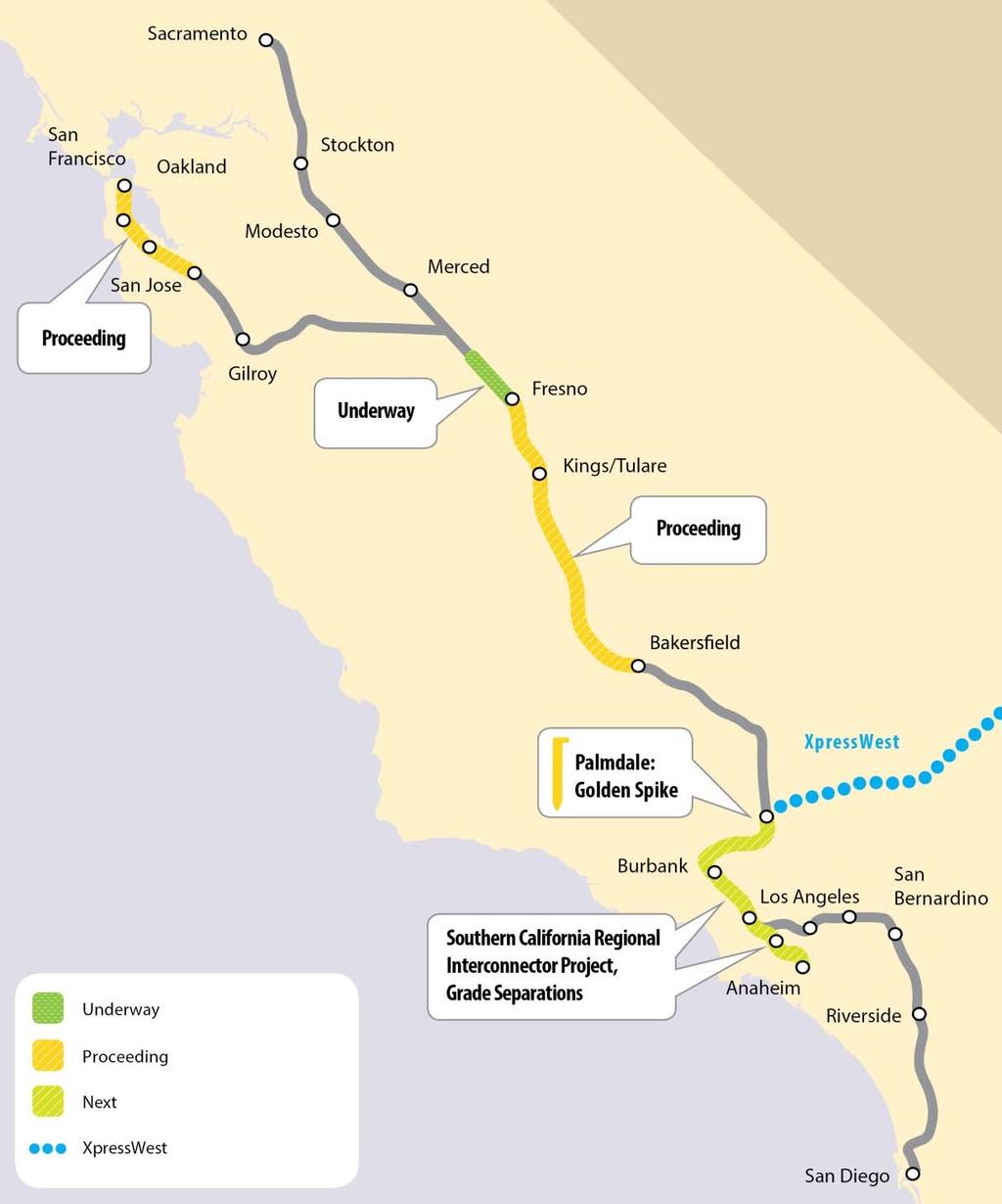 NEXT STEPS WITH CAP & TRADE Central Valley - North to South to Bakersfield through Tehachapis to Palmdale/LA Caltrain Electrification Burbank to Palmdale» Golden Spike