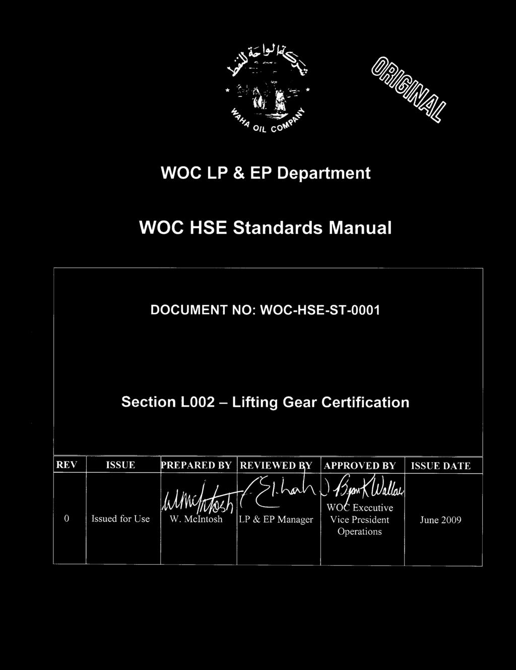 Section L002 - Lifting Gear Certification REV ISSUE PREPARED BY REVIEWED Y