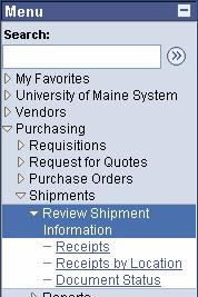 The Review Shipment Location submenu contains three options: Receipts, Receipts by Location and Document Status. A.