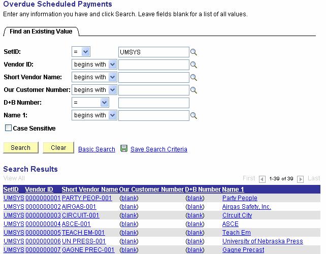 If a Vendor has any Scheduled Payments which are overdue, this inquiry allows searching for them. Enter search terms, and then click.