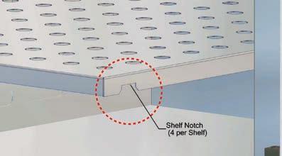 Install the shelf with the notches on the bottom of the shelf aligned with the shelf supports (Figure 8 & Figure 9). 5. Pull outward on the shelf to insure it is locked properly on the supports.
