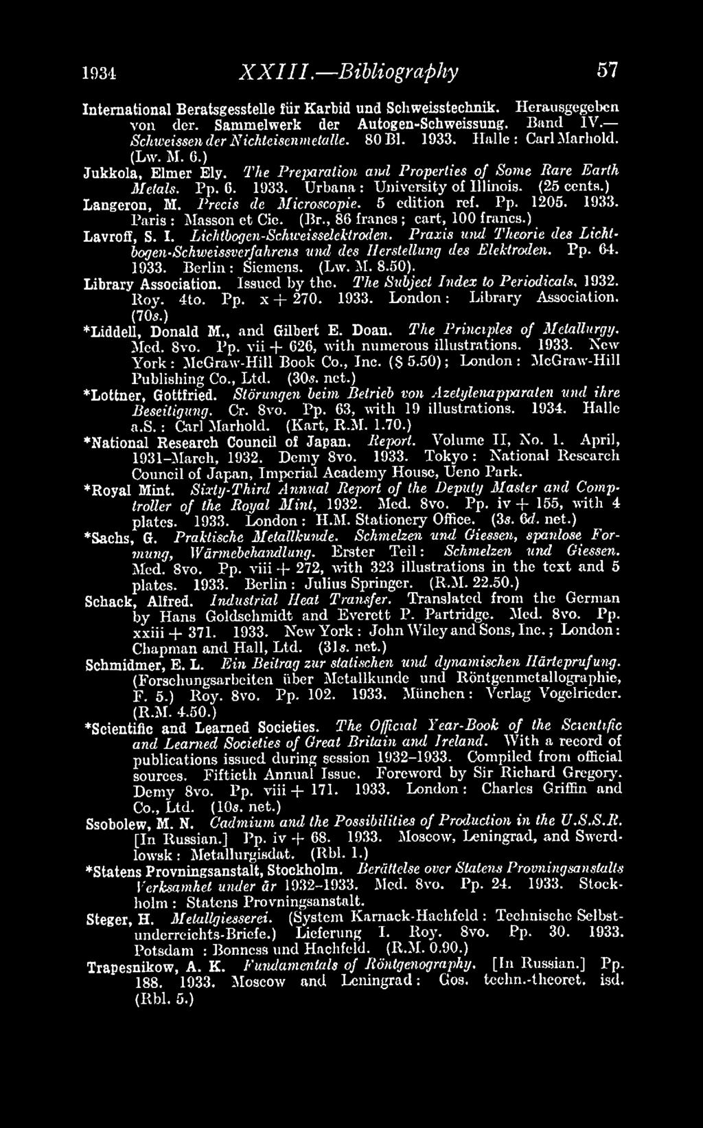 The Subject Index to Periodicals. 1032. Roy. 4to. Pp. x + 270. 1933. London: Library Association. (70*'.) Liddell, Donald M., and Gilbert E. Doan. The Principles of Metallurgy. Med. Svo. Pp. vii + 626, with numerous illustrations.