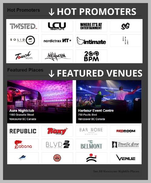 Featured Venues / Promoters VIP status for your venue / brand on our homepages Promoting a venue or brand? Get the attention you deserve by being listed as a featured venue/promoter on our network.