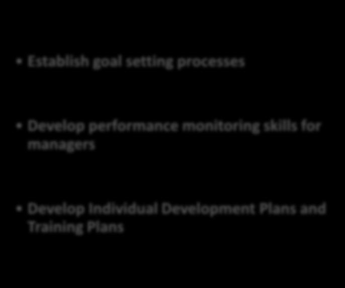 Establish goal setting processes Develop performance monitoring skills for managers 101 employee performance