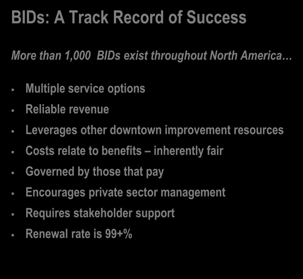 BIDs: A Track Record of Success More than 1,000 BIDs exist throughout North America Multiple service options Reliable revenue Leverages other downtown improvement