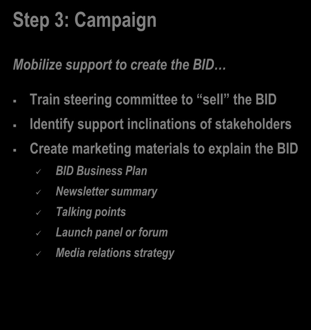 Step 3: Campaign Mobilize support to create the BID Train steering
