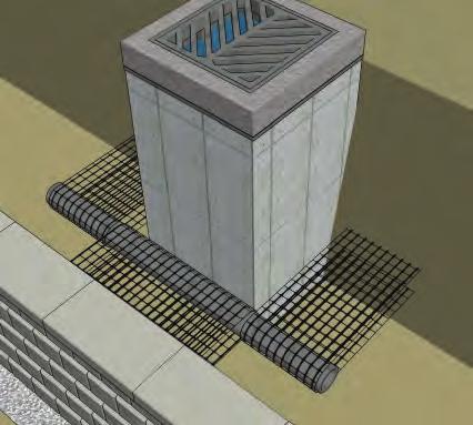 Select an appropriately sized steel pipe with a length of at least twice the width of the catch basin. Extend the geogrid from the specified layer and wrap it around the pipe back to the course below.