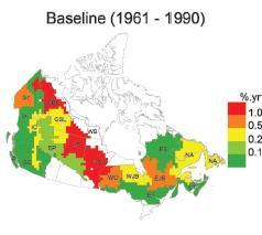 Disturbances: Fire and Harvesting Fire probabilities Canadian Homogeneous Fires Regimes Annual area burnt increases from 0.2% to 1.