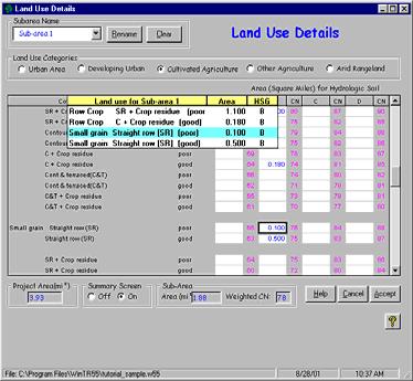 Land Use Details Window Project Area Summary Screen ON Land Use for Sub-area Area HSG Sub-Area Accumulated Area Weighted CN Help Cancel Accept Now, back to the Land Use Details window.