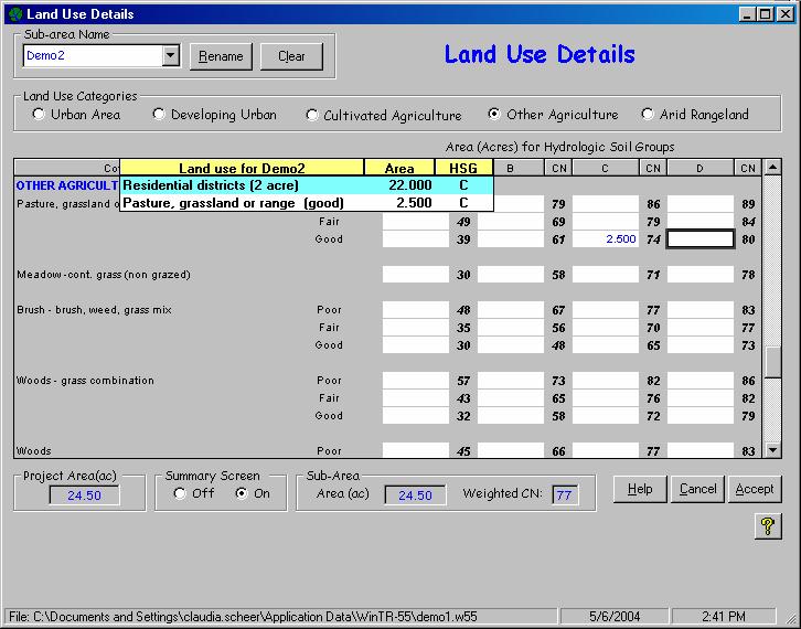 Land Use Details Window On the Land Use Details Window, select the appropriate sub-area from the drop-down list.
