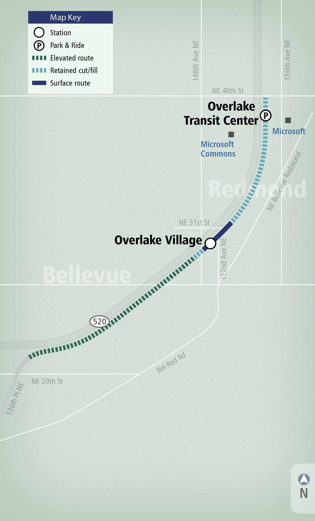 OVERLAKE SEGMENT OVERVIEW Benefits: Provides access to high quality, frequent transit service that operates 20 hours per day Supports the City of Redmond s 152nd Corridor Study and Overlake Village