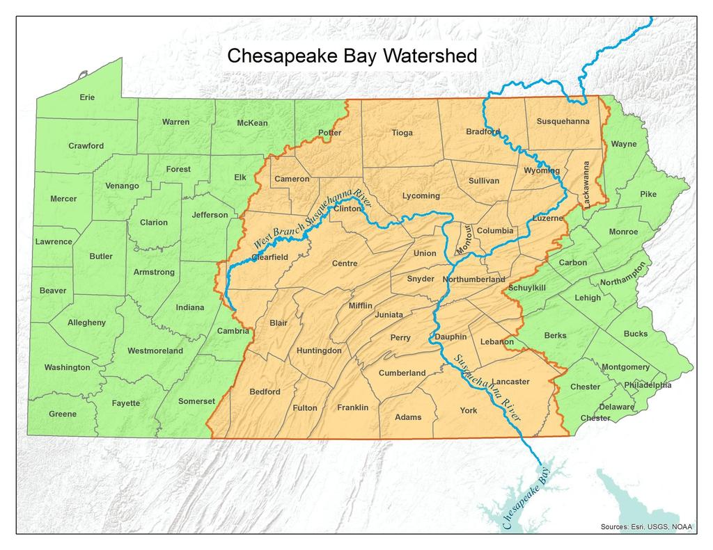 43 Counties that drain to either the Susquehanna or the Potomac Rivers Pennsylvania s