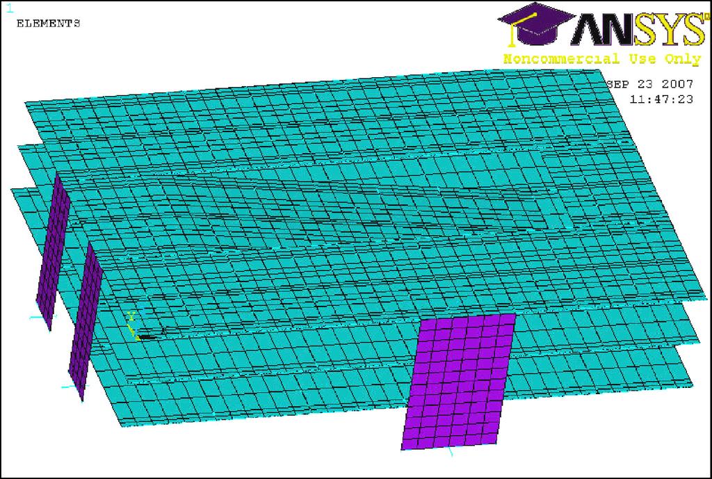 Figure 4. 3D FE Model: prototype parking structure. Figure 3. Diaphragm shear overstrength study: (a) Schematic of 2D FE model; (b) Pushover results showing effect of V.
