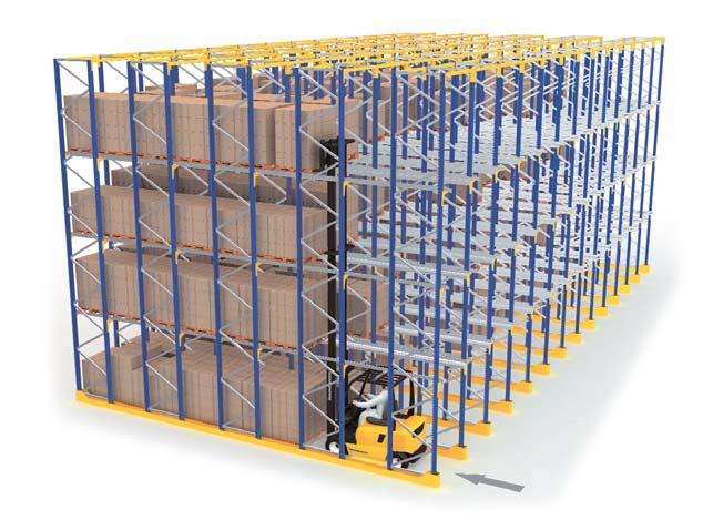 Drive-in and drive-through racking is ideally suitable for storing large quantities of goods with a low number of different articles.