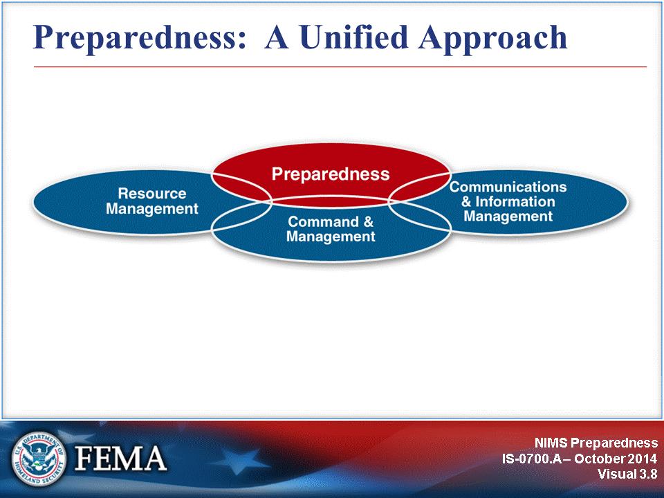 Preparedness requires a unified approach to emergency management and incident response activities.