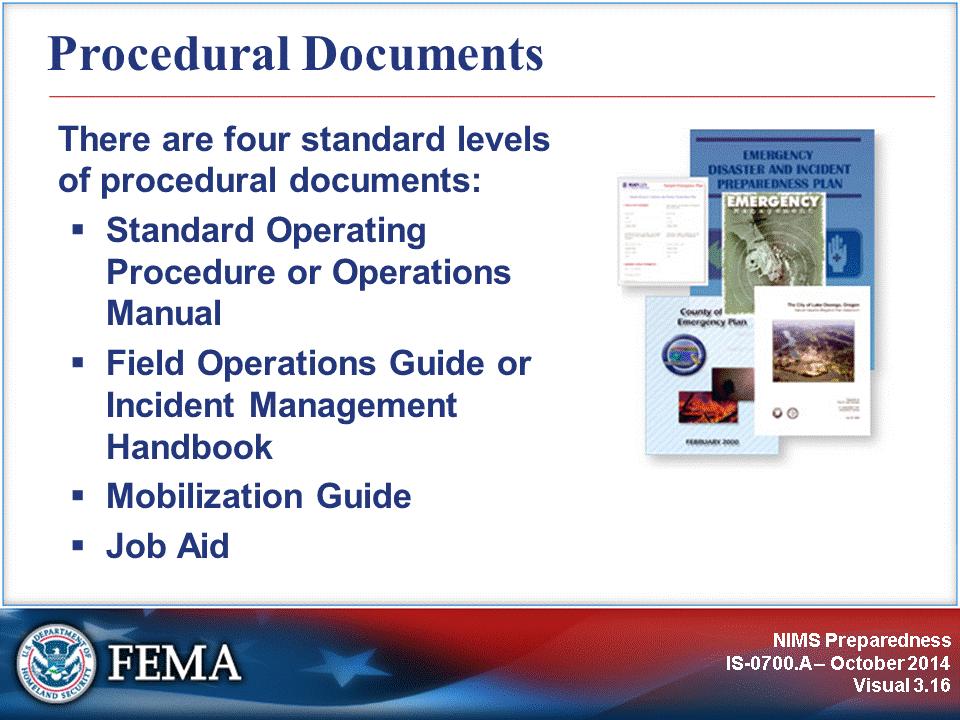Effective preparedness involves documenting specific procedures to follow before, during, and after an incident. Procedural documents should detail the specific actions to implement a plan or system.