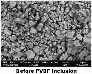 Inclusion of Polyvinyledene Fluoride Polymer PVDF in the granule of electrode.